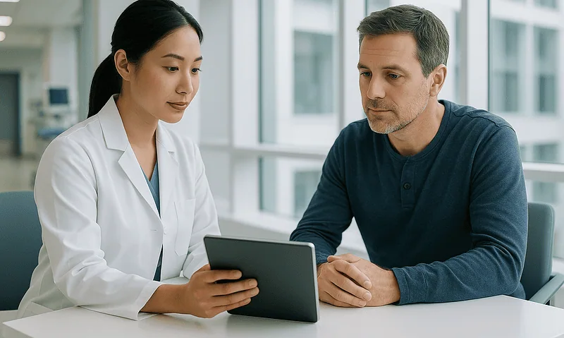 Doctor explaining eye treatment options to a patient in a modern clinic.