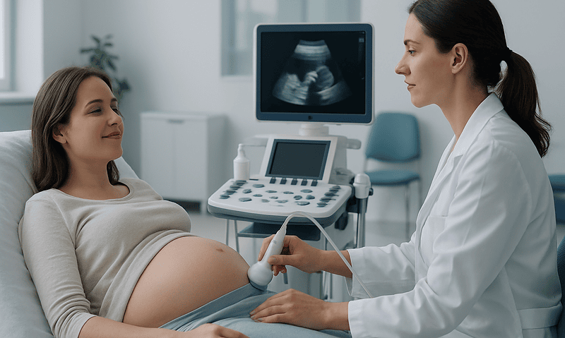 Pregnant woman having an ultrasound scan at a hospital.