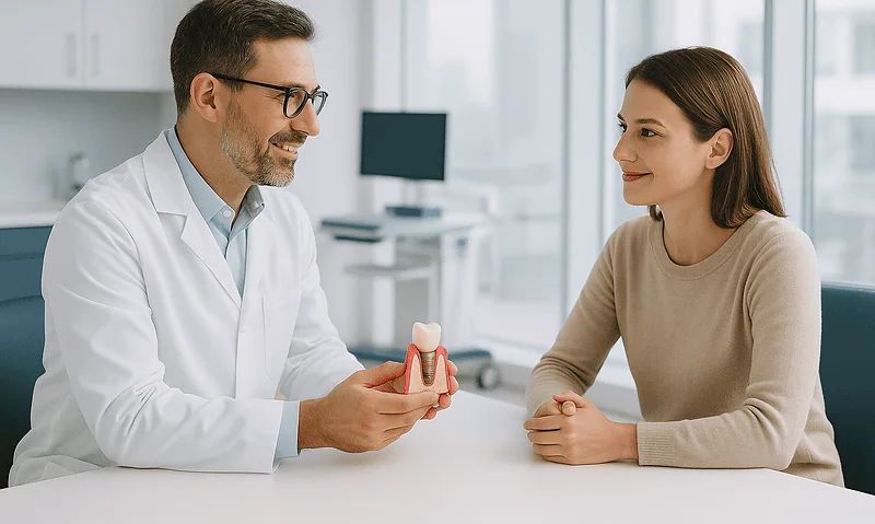Dentist explaining dental implant to a patient in a clinic setting.