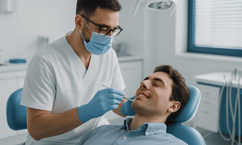 Dentist examining patient's teeth in a dental clinic with modern equipment.