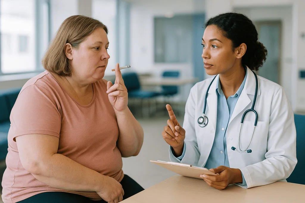 Doctor consulting patient about smoking cessation: Smoking before body lift surgery: what nicotine does to a healing wound