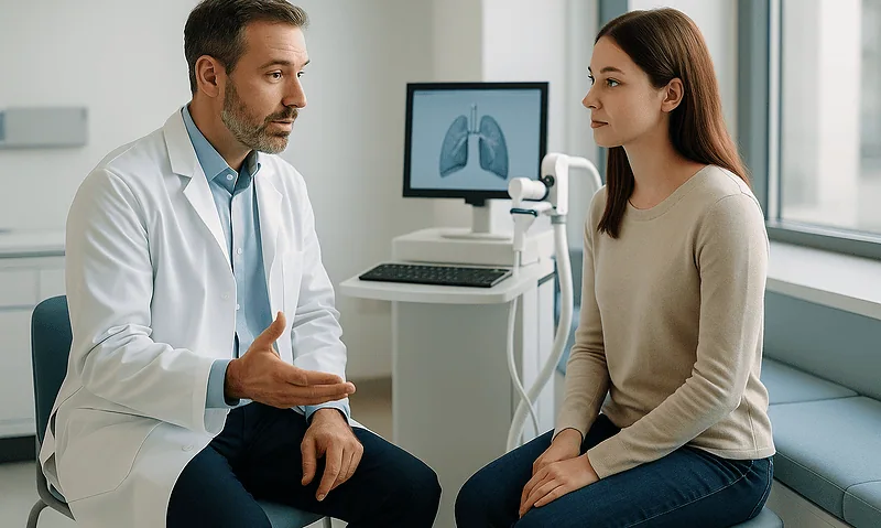 Doctor consulting with a young woman about lung health and smoking cessation.