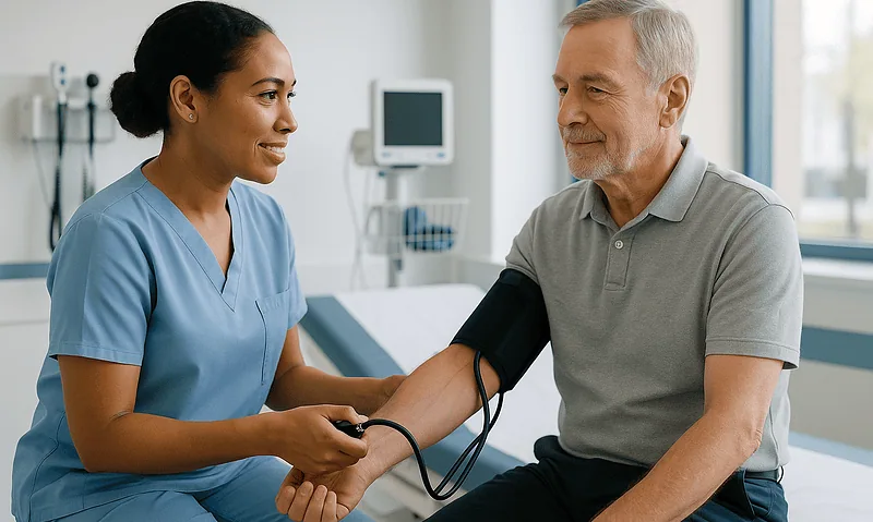 Healthcare professional measuring blood pressure of a senior male patient.