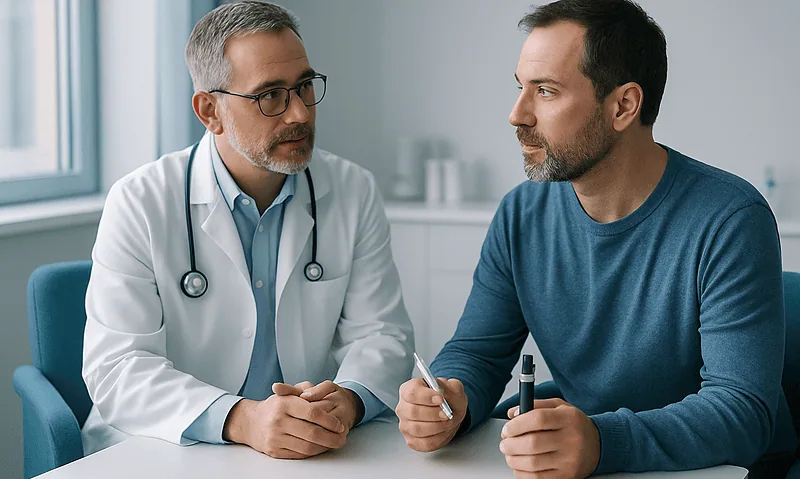 Doctor consulting with male patient about surgery and smoking cessation.