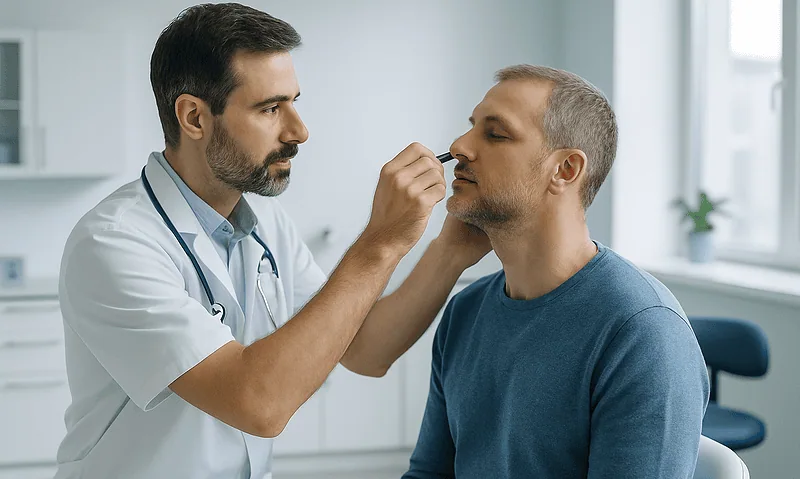 ENT specialist examines patient's nasal passage for deviated septum.
