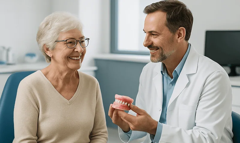 Dentist explaining removable dentures to elderly woman in clinic.