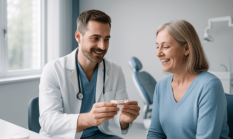 Dentist showing dental model to smiling elderly woman in clinic.