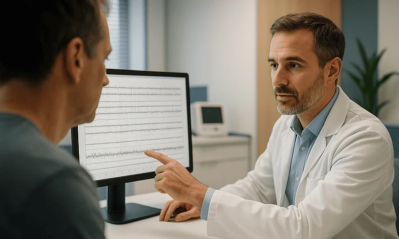 Doctor explaining sleep study results to a patient in a clinic setting.
