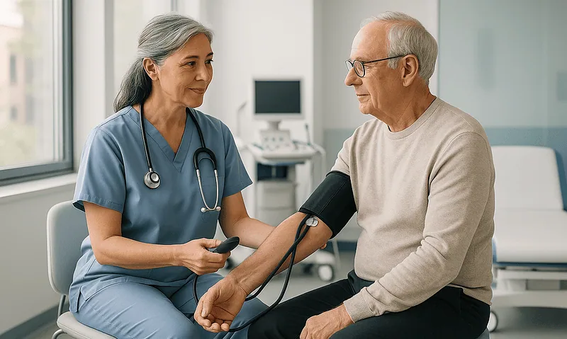 Doctor checking elderly patient's blood pressure in hospital room.