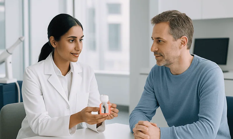 Dentist explaining dental implant options to a patient in a clinic.