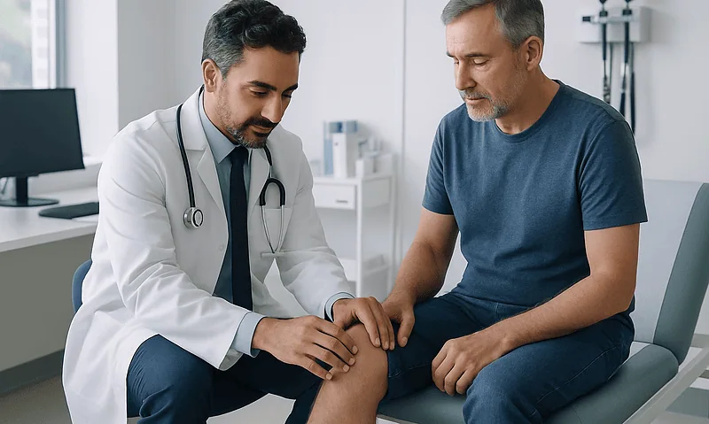 Doctor examining patient's knee in a medical consultation room.