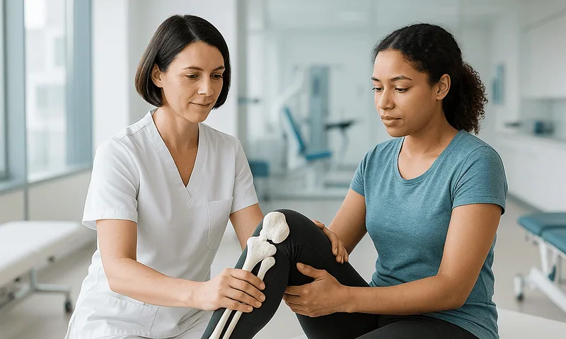 Medical professional examining patient's knee with model of knee joint.
