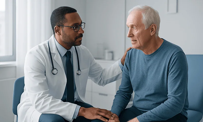 Doctor consulting with an elderly patient in a medical office.
