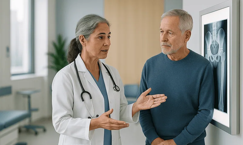 Doctor explaining diagnosis to a male patient in a hospital setting.