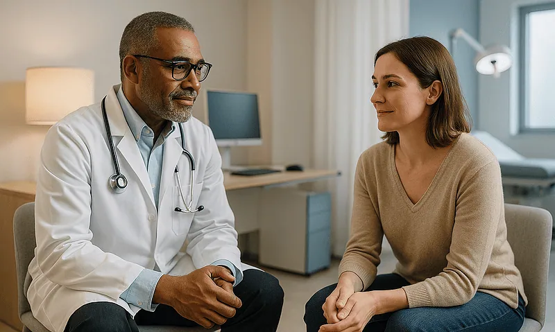 Doctor and patient having a consultation in a medical office.
