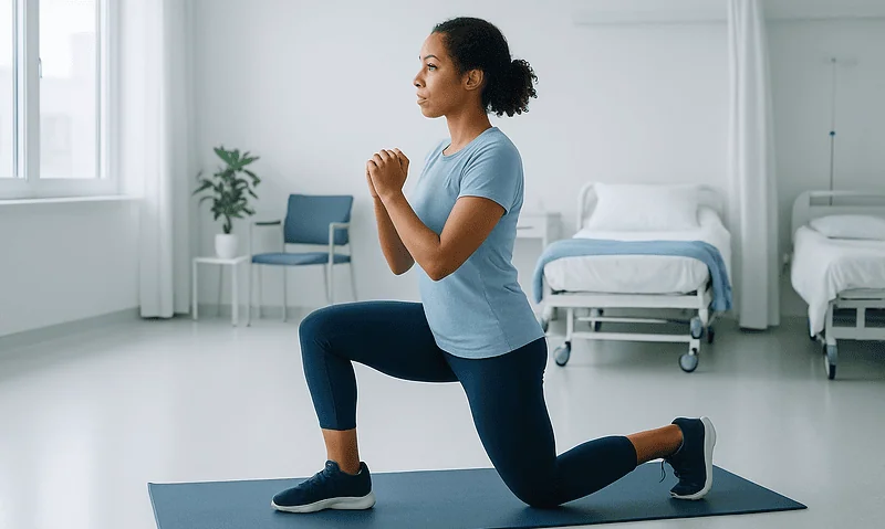 Woman performing knee lunge exercise in a clinical setting.