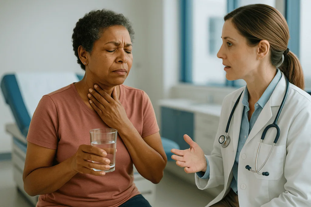 Doctor consulting patient about throat or swallowing symptoms: Sore throat, hoarseness and swallowing trouble after ACDF