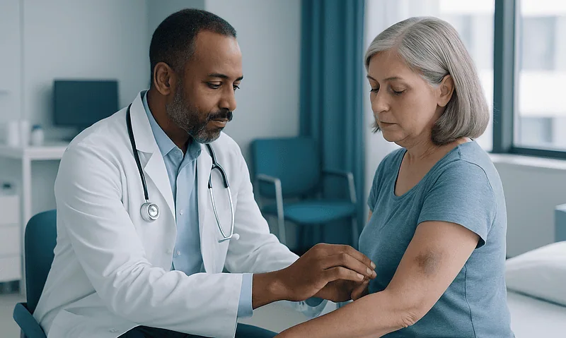 Doctor examining a patient's arm with a bruise after ablation therapy.
