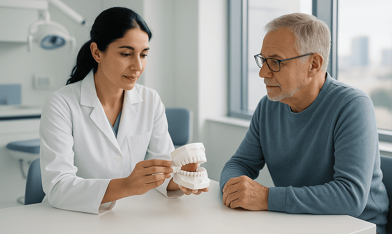 Dentist explaining space maintainers to a patient using a dental model.