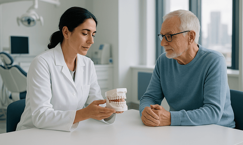 Dentist explaining space maintainers to an elderly patient in a clinic.