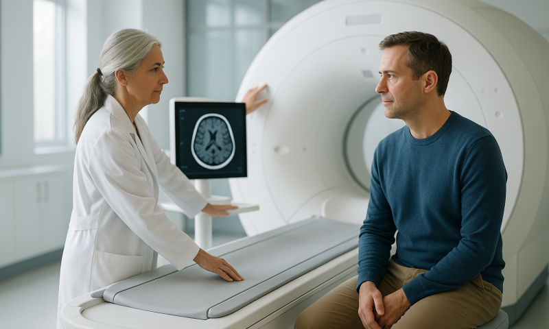 Doctor explaining brain scan to patient in MRI room at Acibadem Hospital.