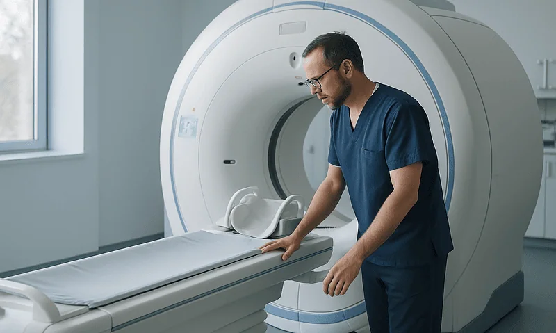 Medical professional preparing MRI scan in a modern hospital setting.