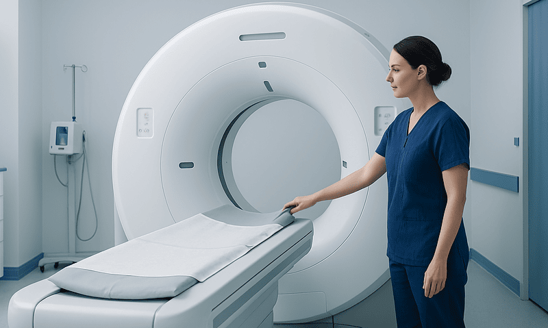 Medical professional prepares MRI scan in a modern hospital setting.