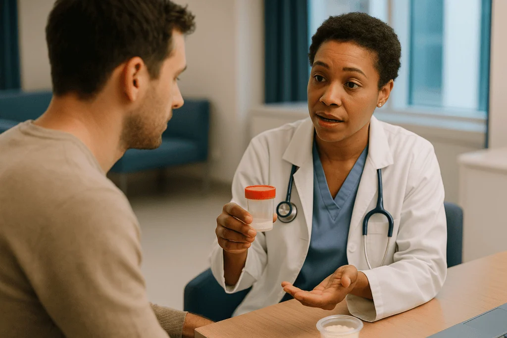 Doctor and male patient in consultation, holding specimen cup: Sperm freezing before chemotherapy: what the timing usually l