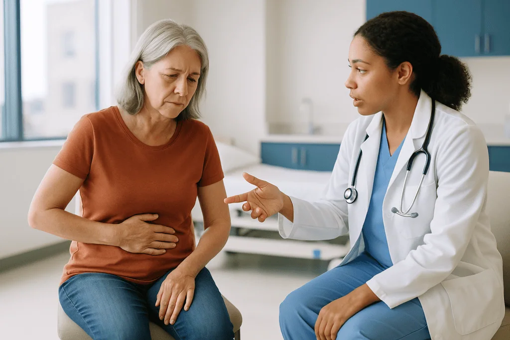 Doctor consulting with middle-aged patient about abdominal pain: Sphincter of Oddi dysfunction and duct narrowing: when the 