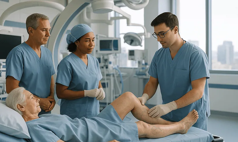 Medical team examining patient's leg for spider veins at Acibadem Hospital.