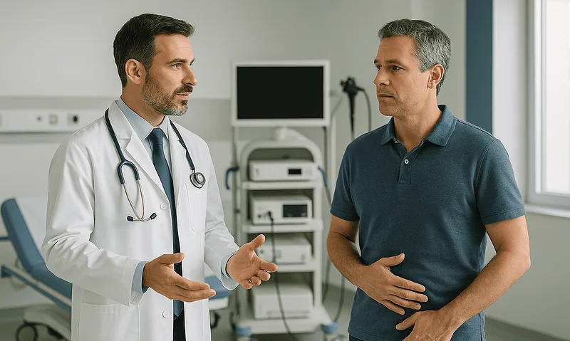 Doctor consulting with patient in hospital room for Spigelian Hernia.