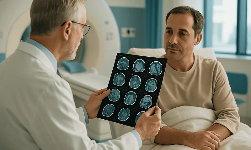 Doctor explaining brain scan results to patient in hospital setting.