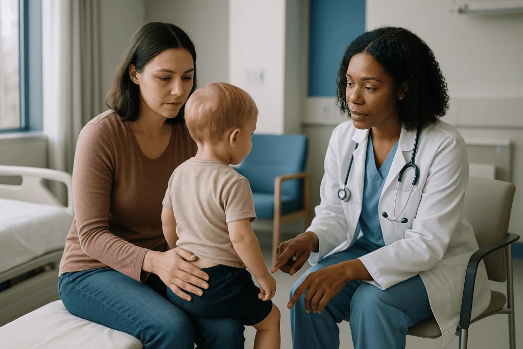 Doctor consulting with mother and toddler in clinic: Spina bifida surgery outlook: what closing the back changes, and what i