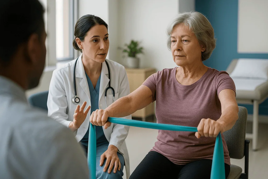 Doctor supervising elderly patient with resistance band exercise: Spinal compression fracture treatment: what conservative c