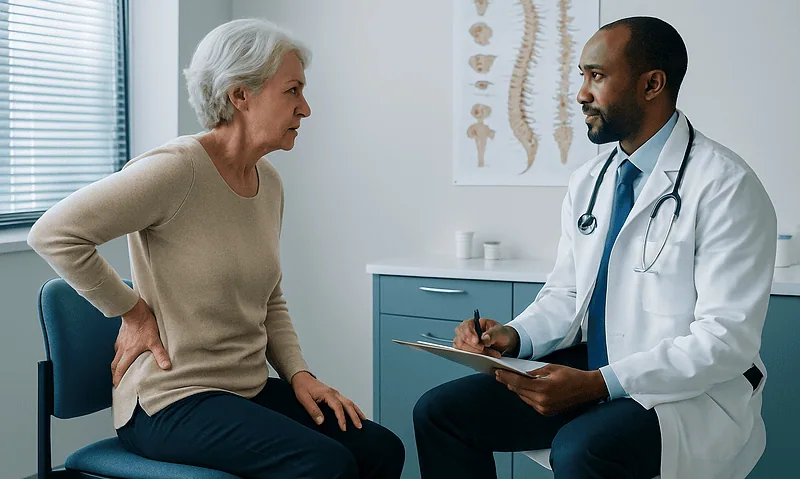 Doctor consulting with elderly woman about spinal health in clinic.
