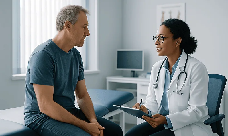Doctor consulting with patient about spinal cord disorder symptoms.