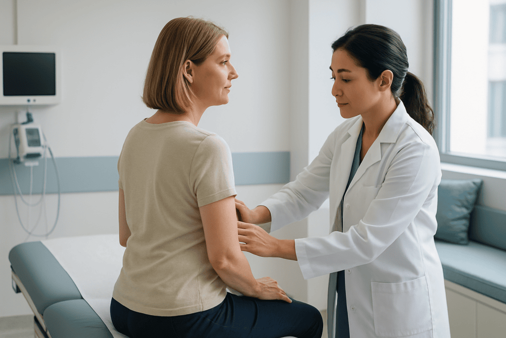Spinal Cord Disorders 1 Doctor examining a patient's arm in a hospital room.