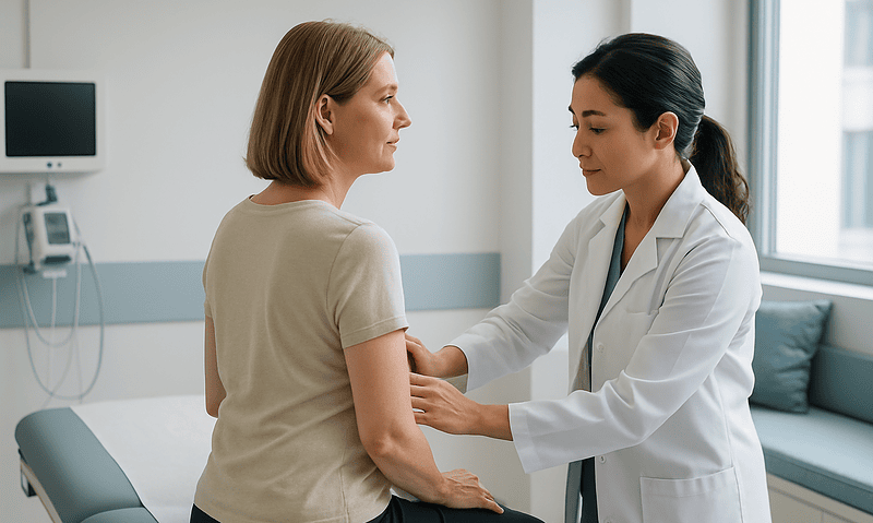 Doctor examining a patient's arm in a hospital room.