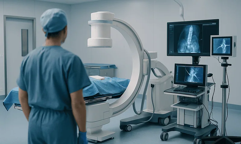 Medical professional preparing for spinal imaging in a modern hospital.