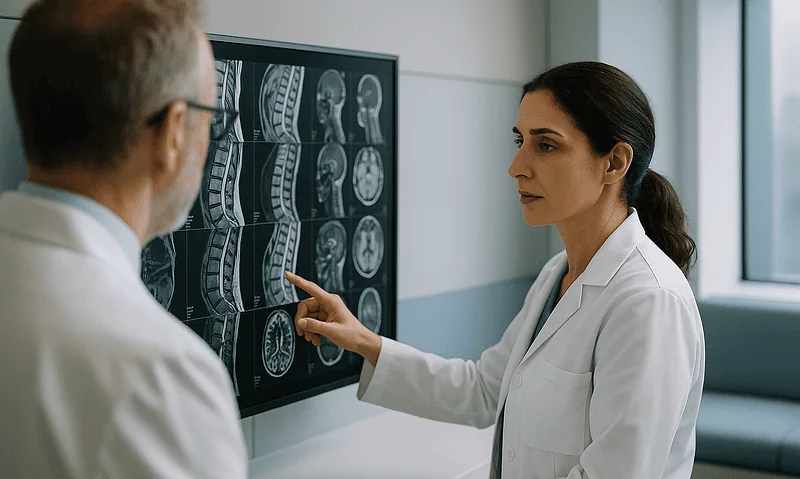 Medical professionals reviewing spinal MRI scans in a hospital setting.