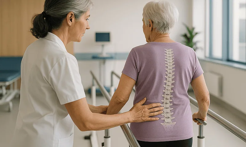 Senior woman undergoing spinal rehabilitation with healthcare professional assistance.