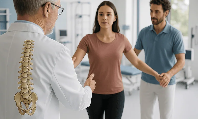 Doctor explaining spinal health to a young woman and man in a medical setting.