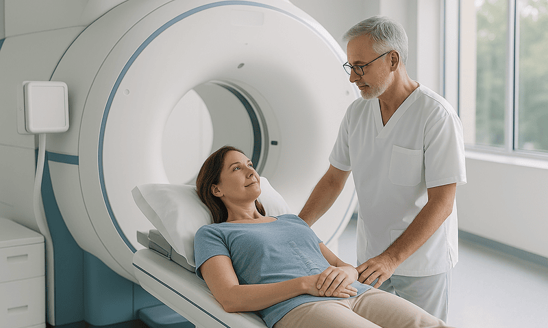 Doctor consulting with patient before MRI scan in hospital.