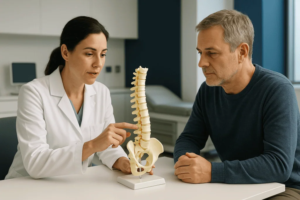 Spinal Fusion 1 Doctor explaining spinal fusion to patient with spine model in clinic.