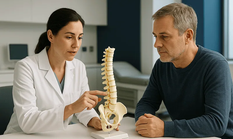 Doctor explaining spinal fusion to patient with spine model in clinic.