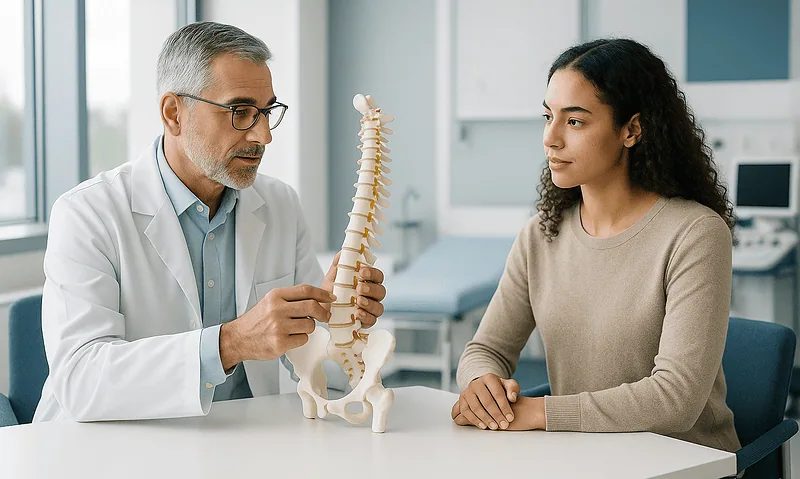 Doctor explaining spinal anatomy to patient in a medical consultation.
