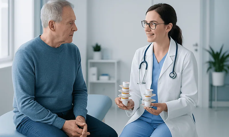 Doctor explaining spinal implants to an elderly patient in a clinic.