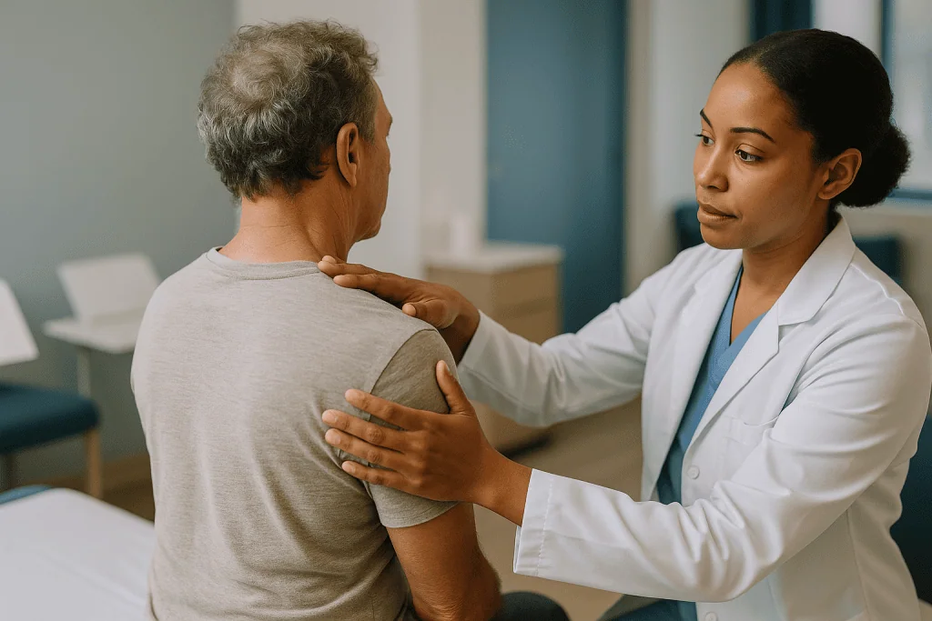 Healthcare provider performing manual therapy on patient's back: Spinal manipulation vs mobilization: the difference that ma