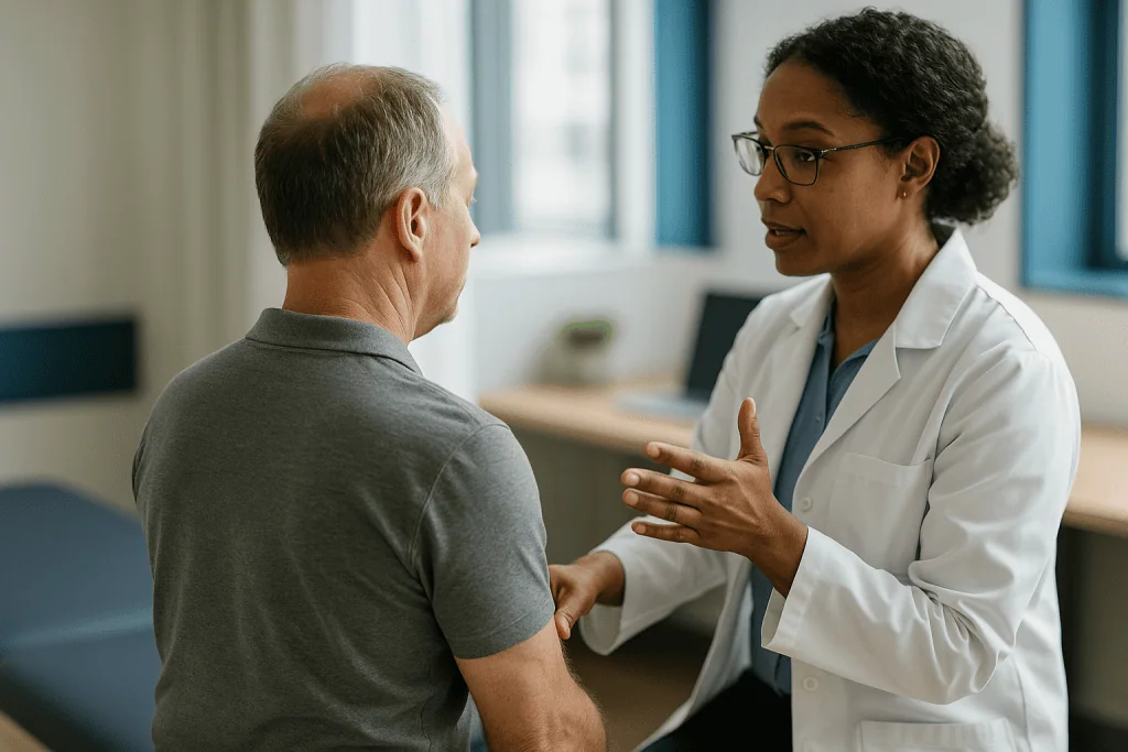 Doctor consulting with older male patient in clinical setting: Spinal mobilization vs manipulation: what is the difference?