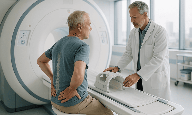 Doctor consulting with a patient in a hospital MRI room.